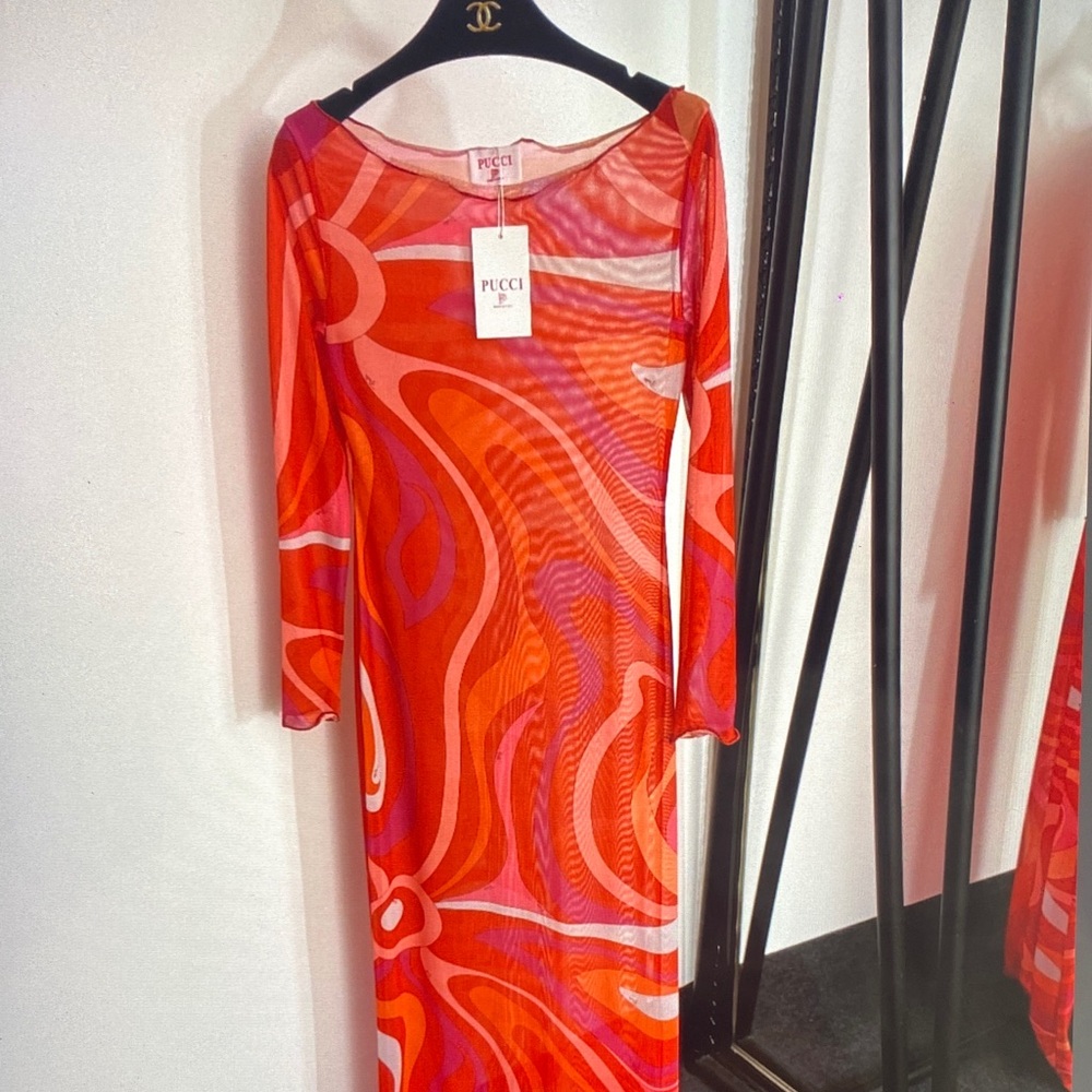 Emilio Pucci Orange & Pink Long Sleeve Sheer Midi Dress